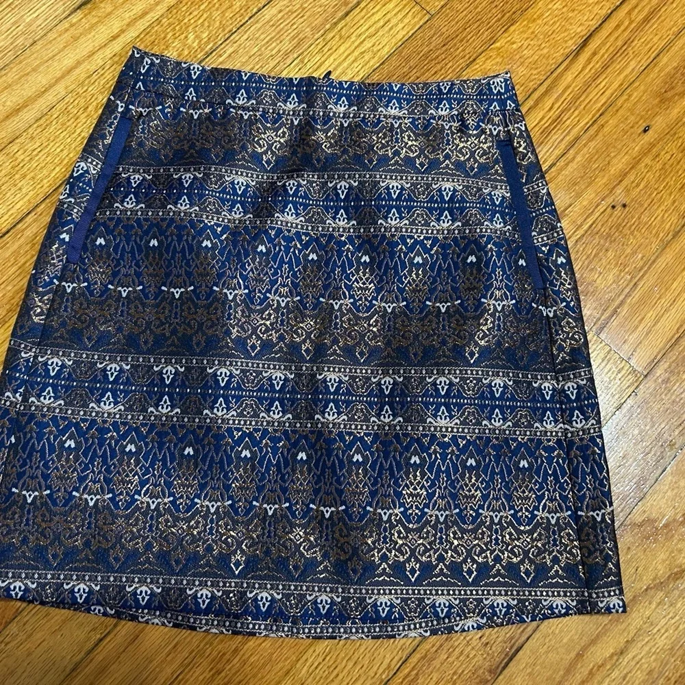 Massimo Dutti Mini Skirt Navy Blue Bronze Gold Metallic Jacquard Size 4